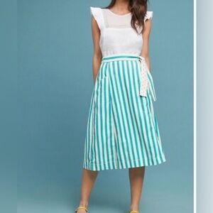 Maeve by Anthropologie Green & White Striped Linen Wrap Skirt Medium